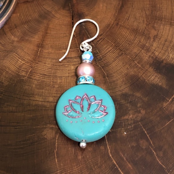 Teal Lotus Earrings - Lotus Jewelry, Lotus Pose - Picture 5 of 5